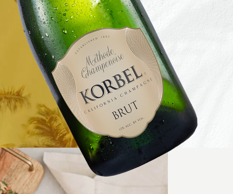 A bottle of Korbel Brut champagne.